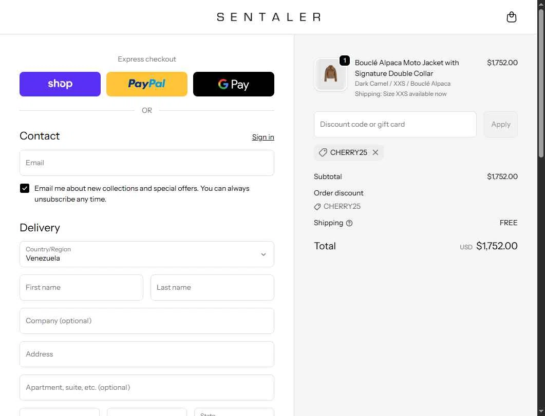 Sentaler checkout page showing Sentaler promo code box | Screenshot taken by SimplyCodes community member on Sep 26, 2025