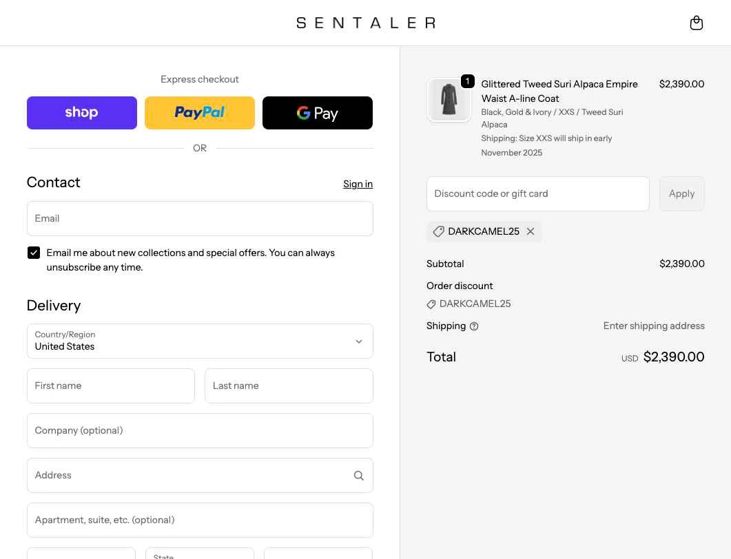 Sentaler checkout page showing Sentaler promo code box | Screenshot taken by SimplyCodes community member on Sep 26, 2025
