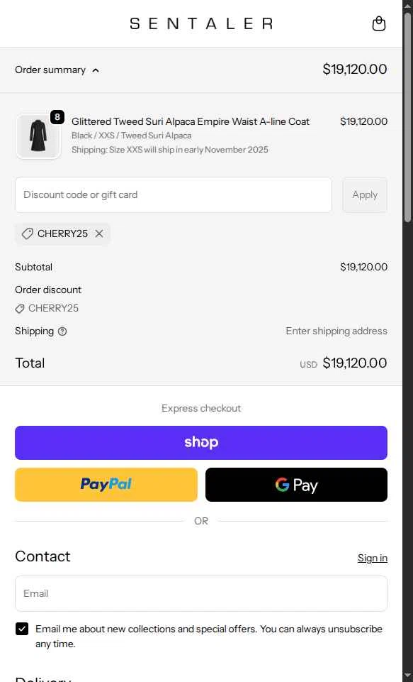 Sentaler checkout page showing Sentaler promo code box | Screenshot taken by SimplyCodes community member on Sep 26, 2025