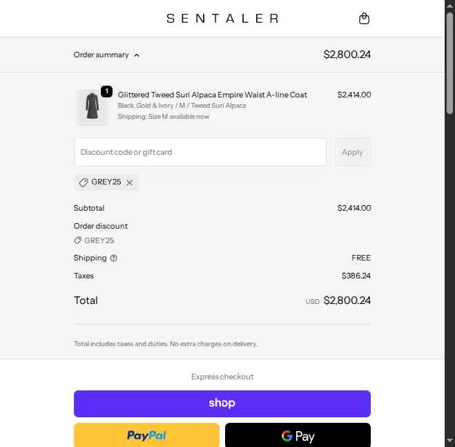 Sentaler checkout page showing Sentaler promo code box | Screenshot taken by SimplyCodes community member on Sep 27, 2025