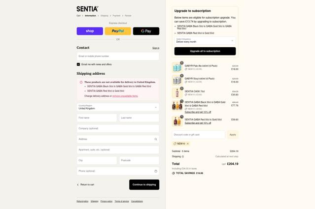 Sentia Spirits checkout page showing Sentia Spirits promo code box | Screenshot taken by SimplyCodes community member on Sep 12, 2025