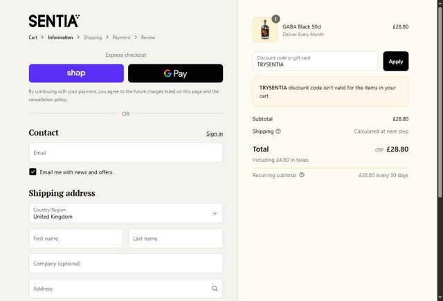 Sentia Spirits checkout page showing Sentia Spirits promo code box | Screenshot taken by SimplyCodes community member on Sep 11, 2025