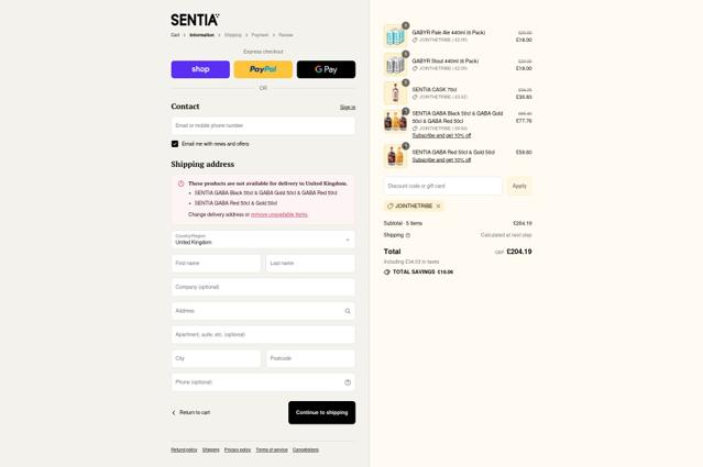 Sentia Spirits checkout page showing Sentia Spirits promo code box | Screenshot taken by SimplyCodes community member on Sep 11, 2025