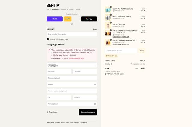 Sentia Spirits checkout page showing Sentia Spirits promo code box | Screenshot taken by SimplyCodes community member on Sep 9, 2025