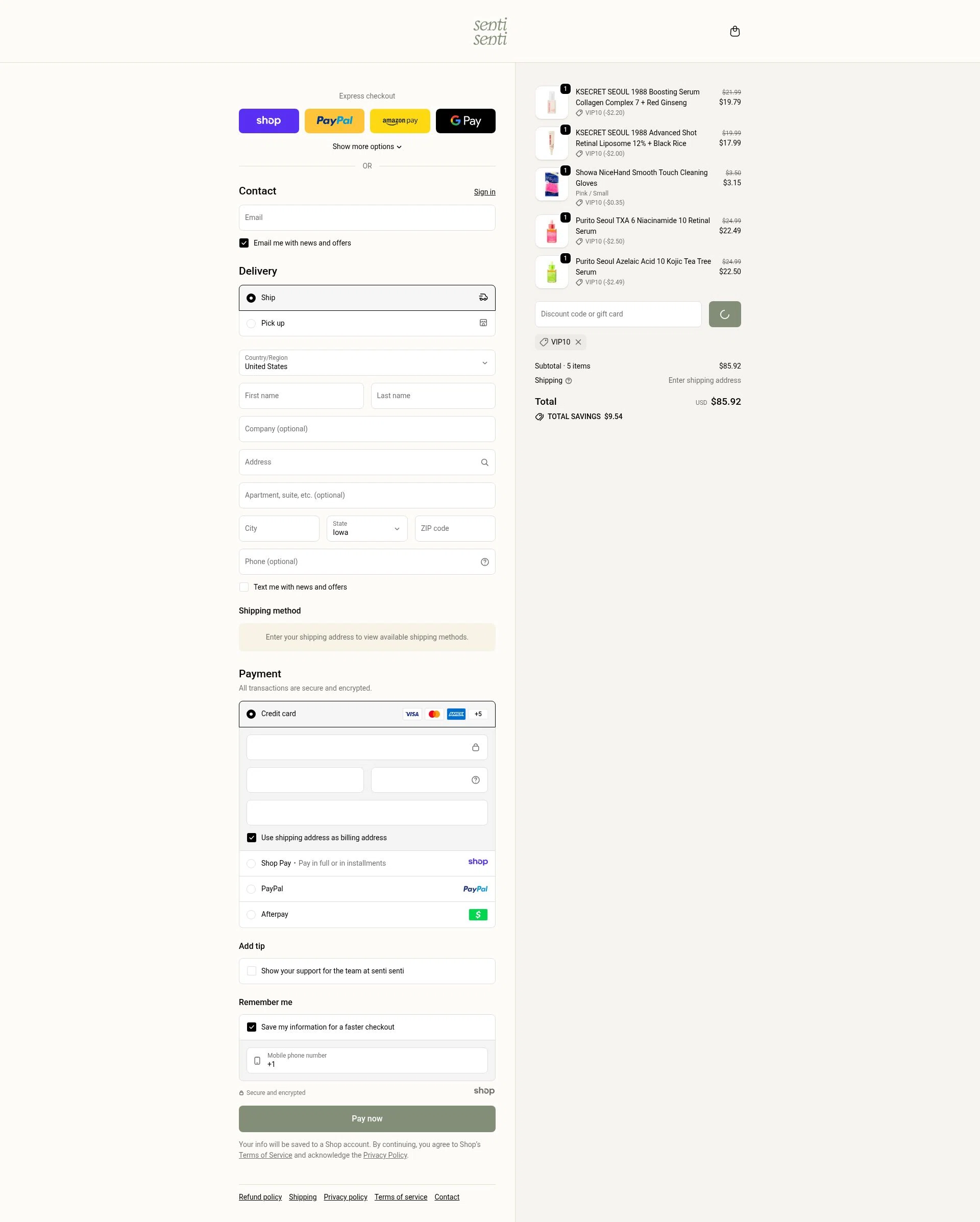Senti senti checkout page showing Senti senti discount code box | Screenshot taken by SimplyCodes community member on Jan 18, 2026