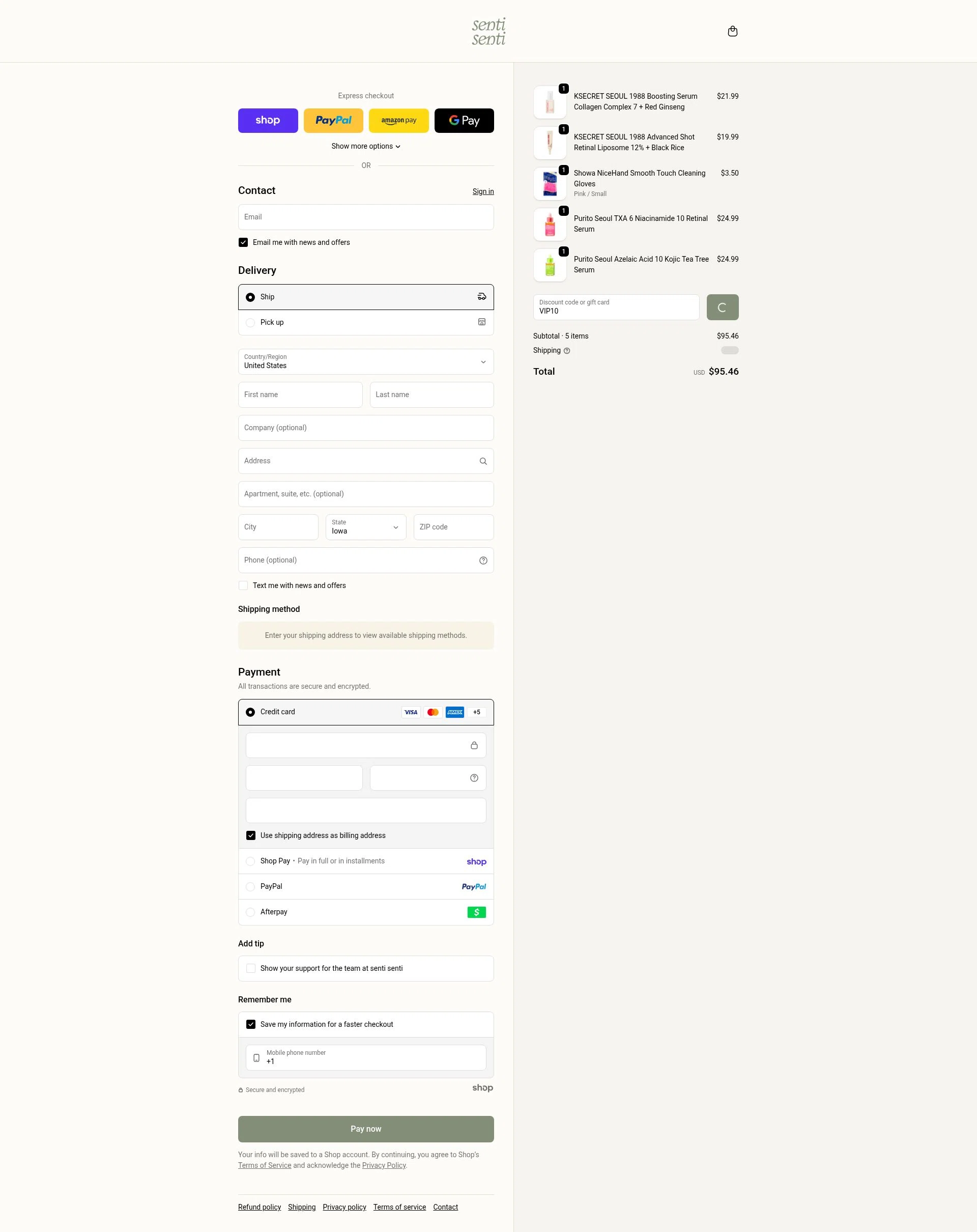 Senti senti checkout page showing Senti senti discount code box | Screenshot taken by SimplyCodes community member on Jan 23, 2026