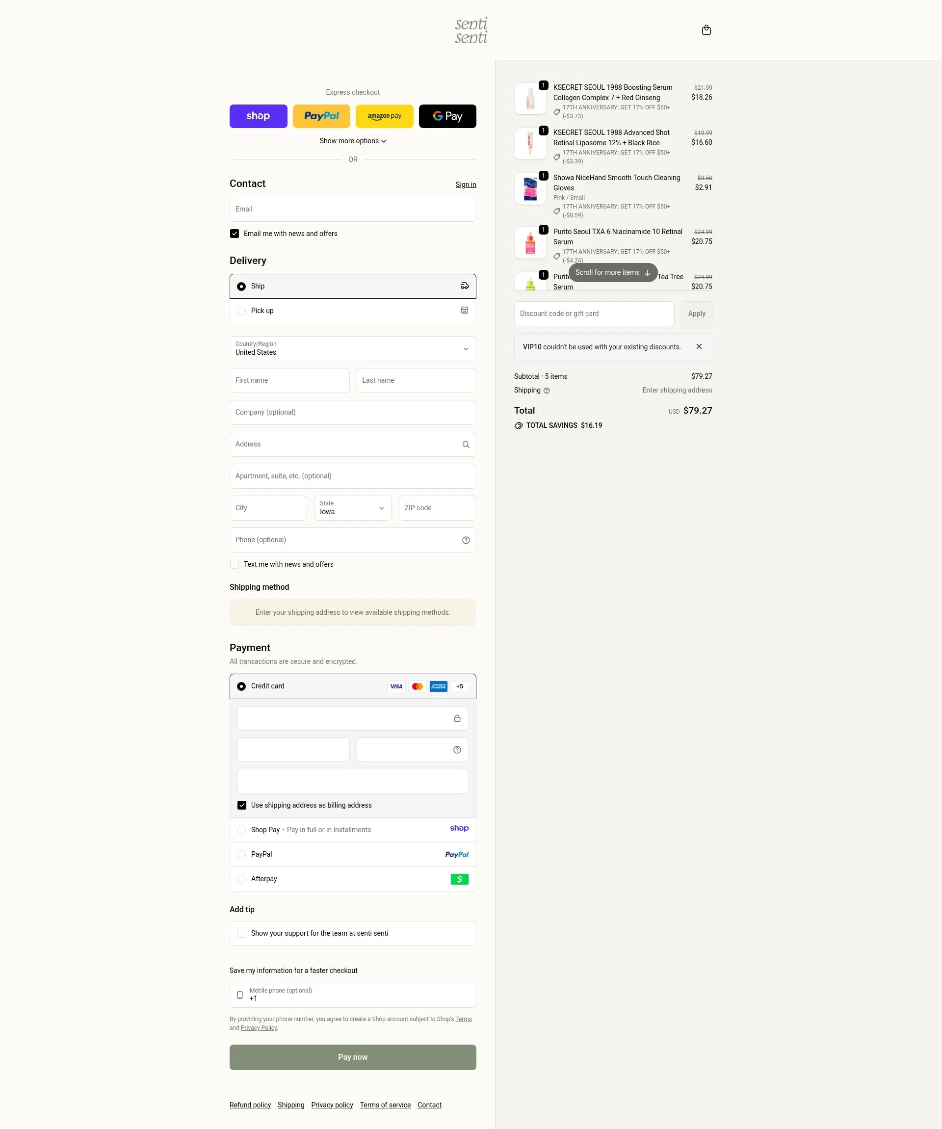Senti senti checkout page showing Senti senti discount code box | Screenshot taken by SimplyCodes community member on Jan 13, 2026