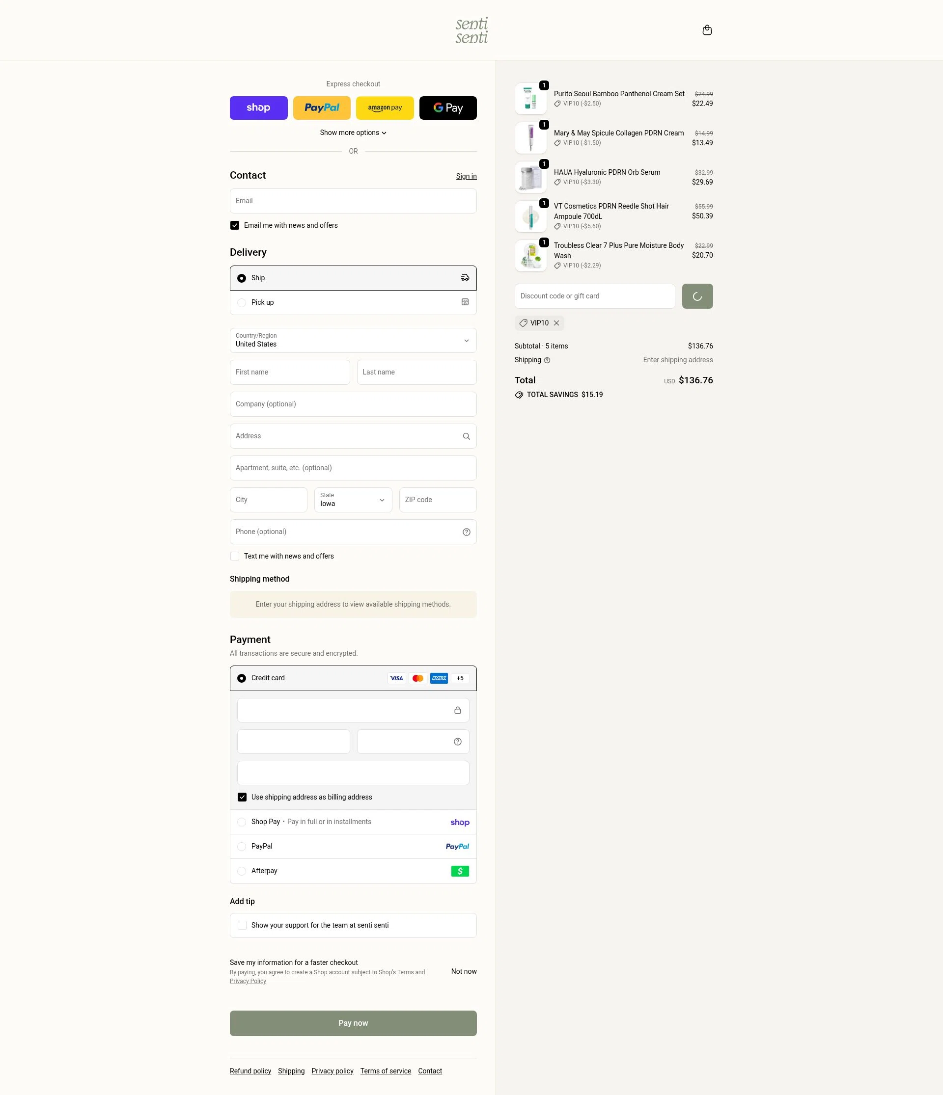 Senti senti checkout page showing Senti senti discount code box | Screenshot taken by SimplyCodes community member on Feb 18, 2026