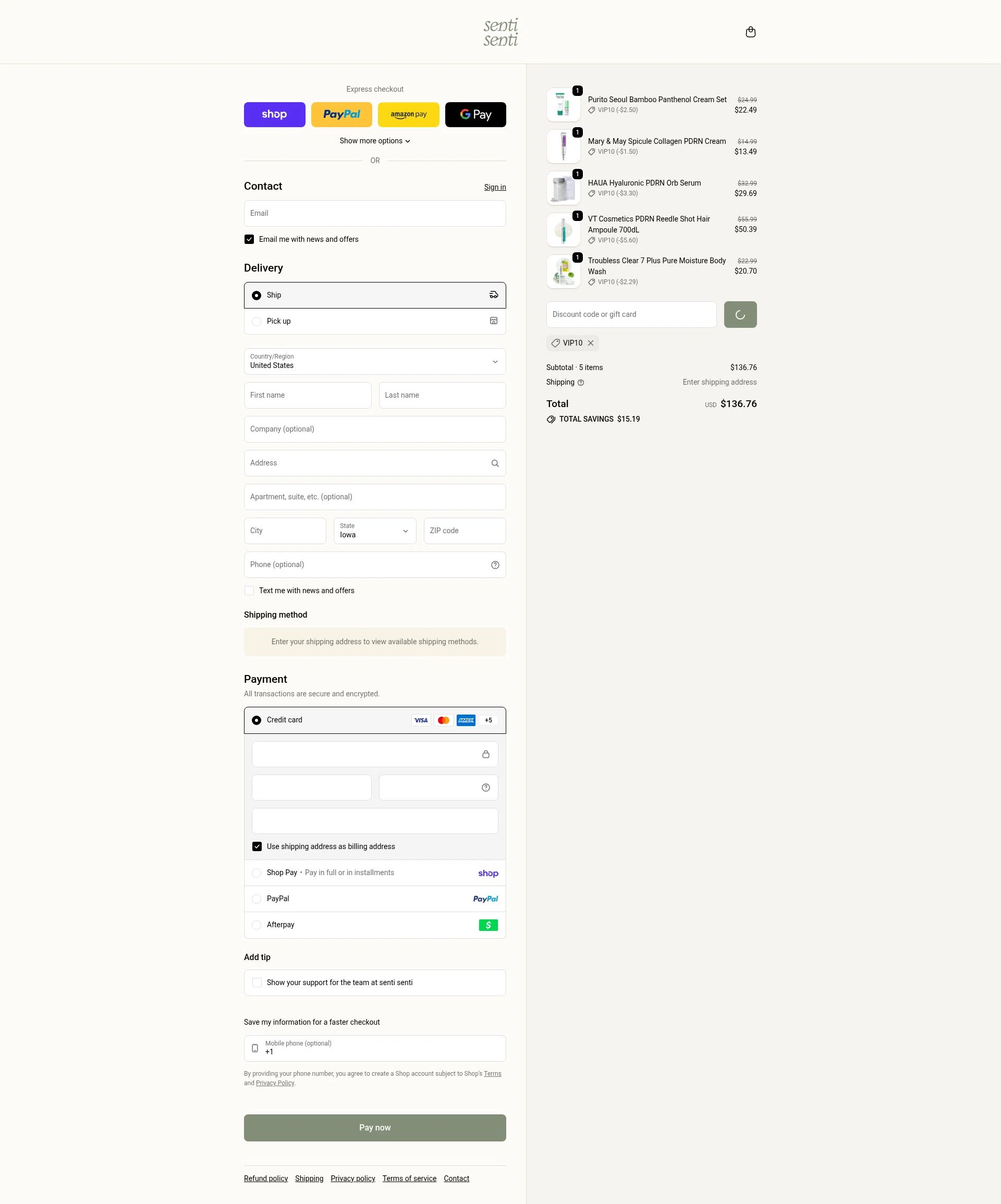 Senti senti checkout page showing Senti senti discount code box | Screenshot taken by SimplyCodes community member on Feb 9, 2026