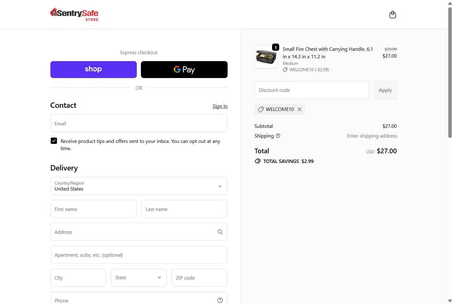 SentrySafe checkout page showing SentrySafe promo code box | Screenshot taken by SimplyCodes community member on Jan 7, 2026