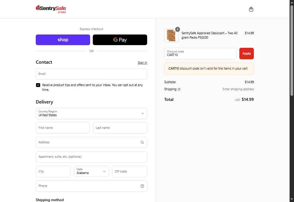 SentrySafe checkout page showing SentrySafe promo code box | Screenshot taken by SimplyCodes community member on Sep 10, 2025