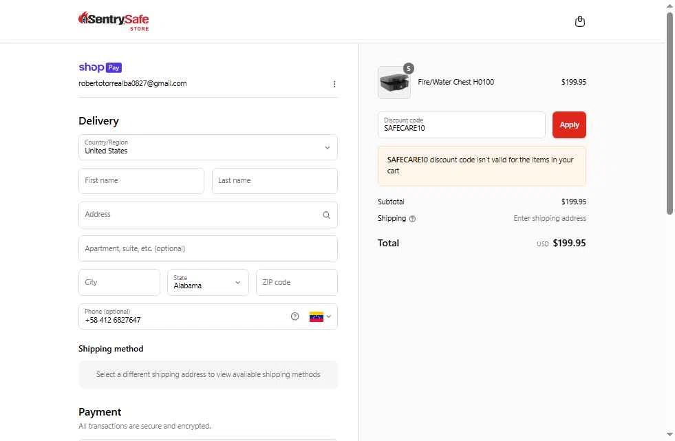 SentrySafe checkout page showing SentrySafe promo code box | Screenshot taken by SimplyCodes community member on Jul 18, 2025