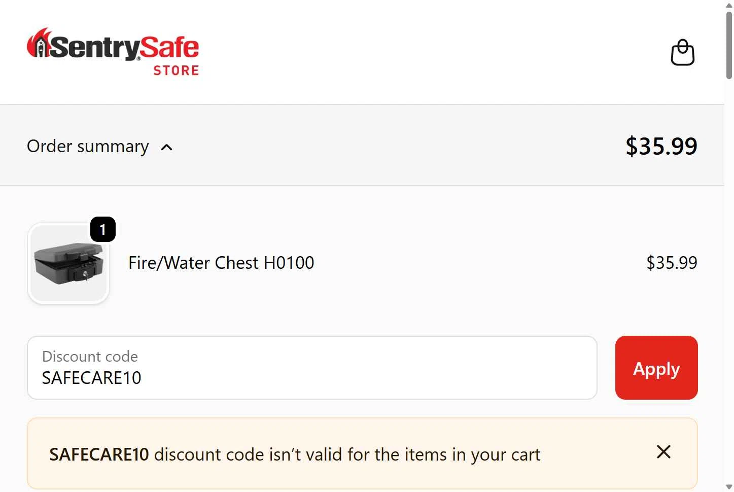 SentrySafe checkout page showing SentrySafe promo code box | Screenshot taken by SimplyCodes community member on Oct 17, 2025