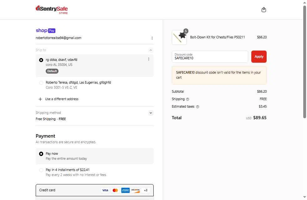 SentrySafe checkout page showing SentrySafe promo code box | Screenshot taken by SimplyCodes community member on Jul 18, 2025