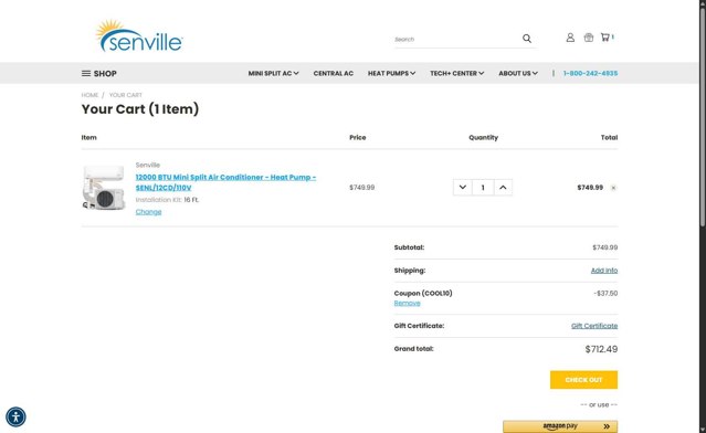 Senville checkout page showing Senville coupon code box | Screenshot taken by SimplyCodes community member on Sep 5, 2025