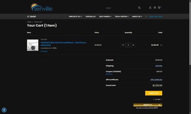 Senville checkout page showing Senville coupon code box | Screenshot taken by SimplyCodes community member on Sep 4, 2025
