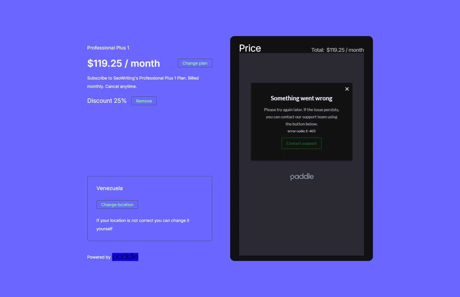 SEOWRITING AI checkout page showing SEOWRITING AI discount code box | Screenshot taken by SimplyCodes community member on Feb 9, 2026