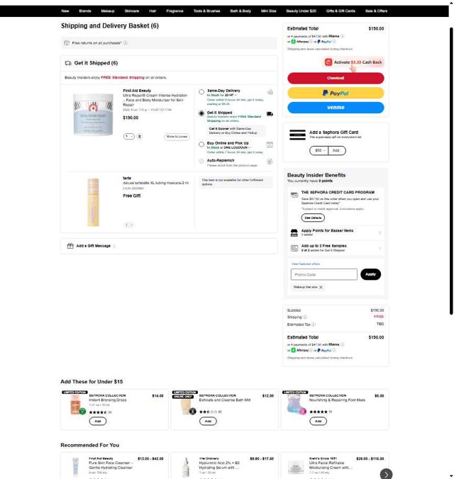Sephora checkout page showing Sephora promo code box | Screenshot taken by SimplyCodes community member on Aug 25, 2025