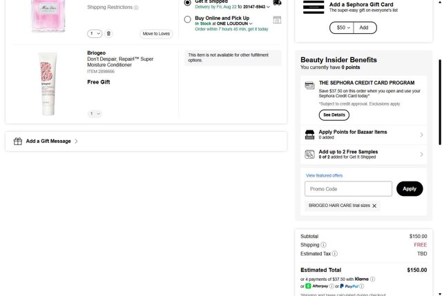 Sephora checkout page showing Sephora promo code box | Screenshot taken by SimplyCodes community member on Aug 20, 2025