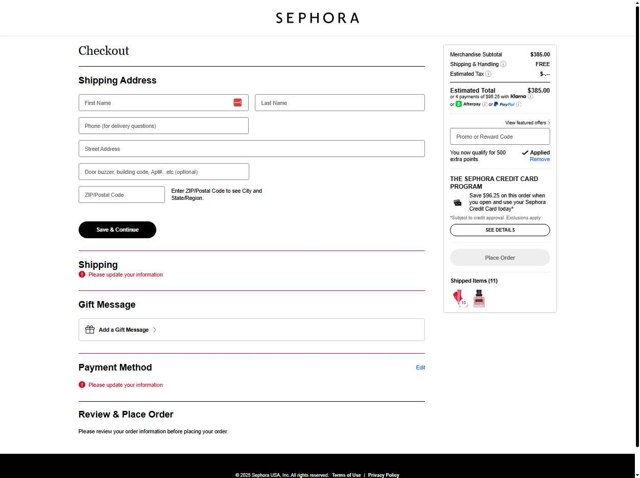 Sephora checkout page showing Sephora promo code box | Screenshot taken by SimplyCodes community member on Aug 28, 2025