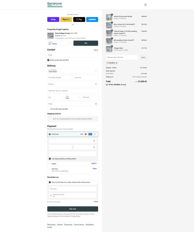 Seranova Beauty checkout page showing Seranova Beauty discount code box | Screenshot taken by SimplyCodes community member on Sep 13, 2025