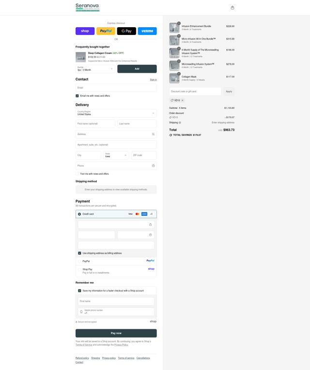 Seranova Beauty checkout page showing Seranova Beauty discount code box | Screenshot taken by SimplyCodes community member on Sep 13, 2025