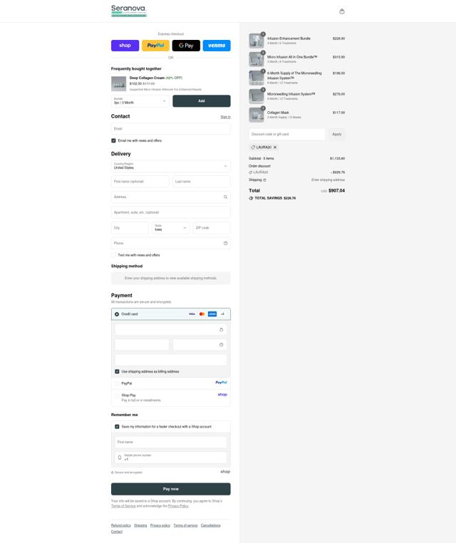 Seranova Beauty checkout page showing Seranova Beauty discount code box | Screenshot taken by SimplyCodes community member on Sep 13, 2025
