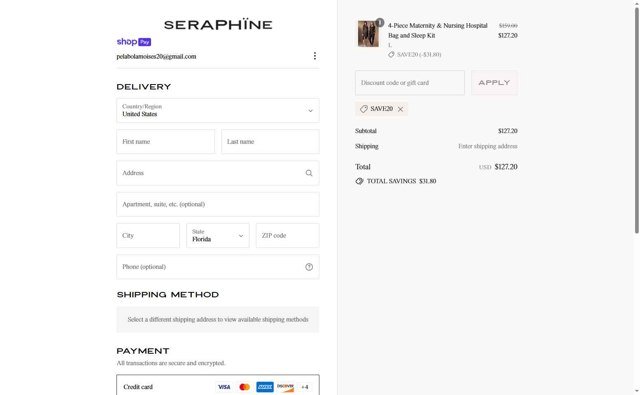 Seraphine checkout page showing Seraphine discount code box | Screenshot taken by SimplyCodes community member on Jul 5, 2025