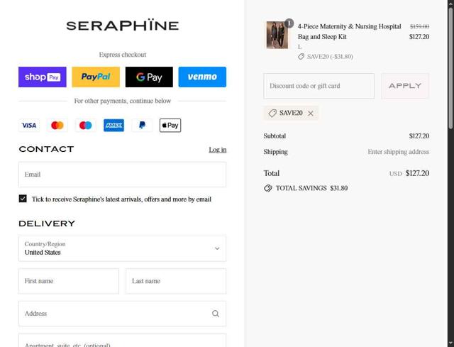 Seraphine checkout page showing Seraphine discount code box | Screenshot taken by SimplyCodes community member on Jul 5, 2025