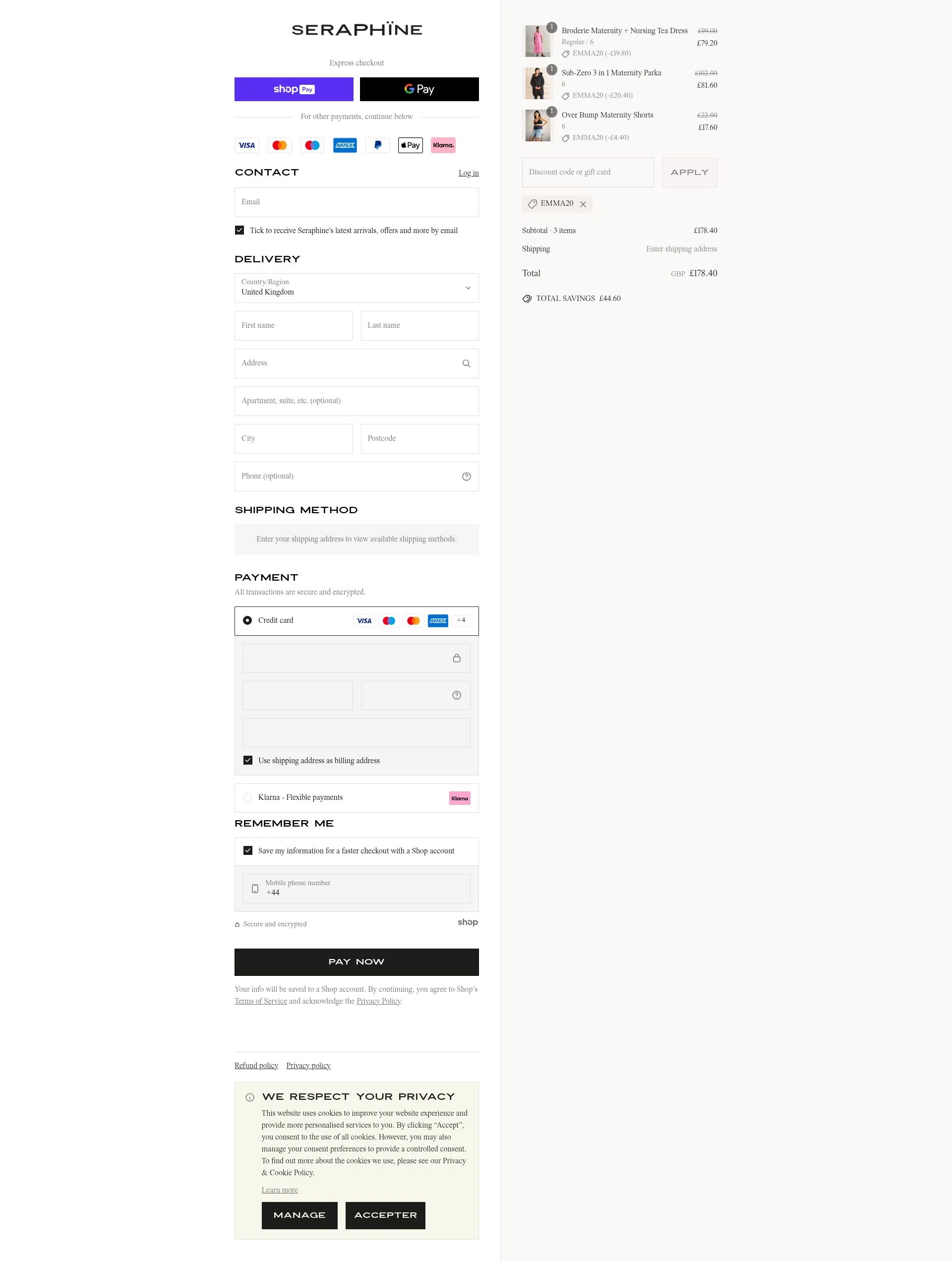 Seraphine checkout page showing Seraphine discount code box | Screenshot taken by SimplyCodes community member on Jun 30, 2025
