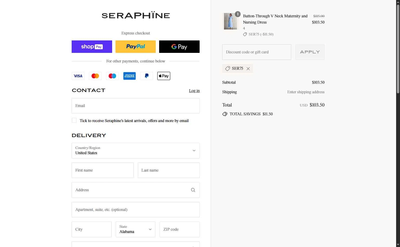 Seraphine checkout page showing Seraphine discount code box | Screenshot taken by SimplyCodes community member on Jul 4, 2025