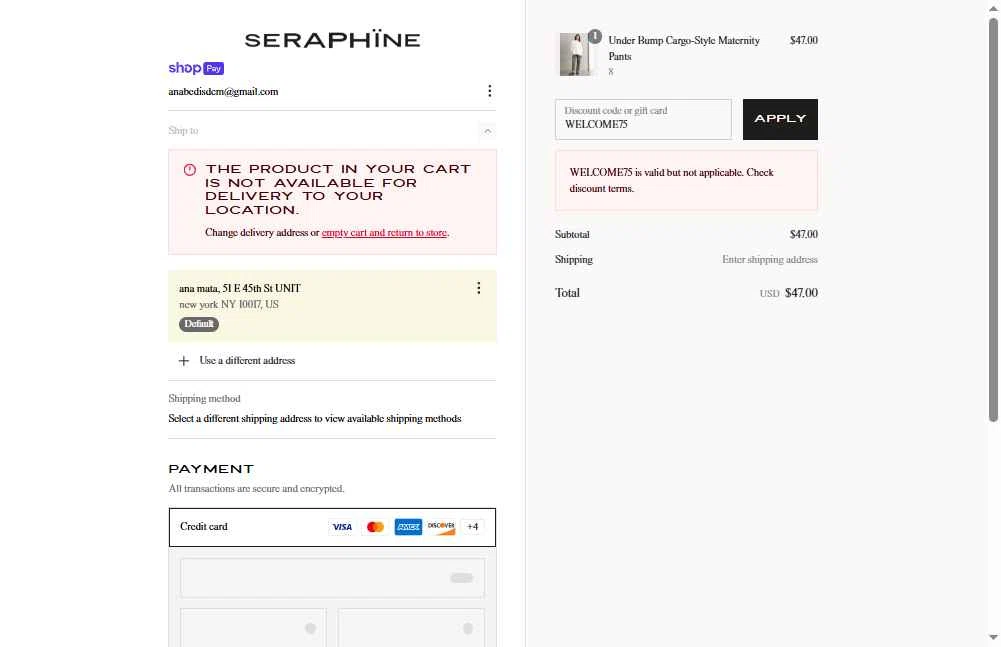 Seraphine checkout page showing Seraphine discount code box | Screenshot taken by SimplyCodes community member on Jul 4, 2025