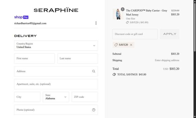 Seraphine checkout page showing Seraphine discount code box | Screenshot taken by SimplyCodes community member on Jul 5, 2025