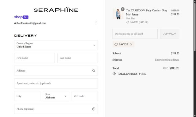 Seraphine checkout page showing Seraphine discount code box | Screenshot taken by SimplyCodes community member on Jul 5, 2025