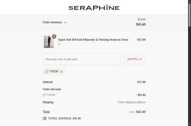 Seraphine checkout page showing Seraphine discount code box | Screenshot taken by SimplyCodes community member on Jul 1, 2025