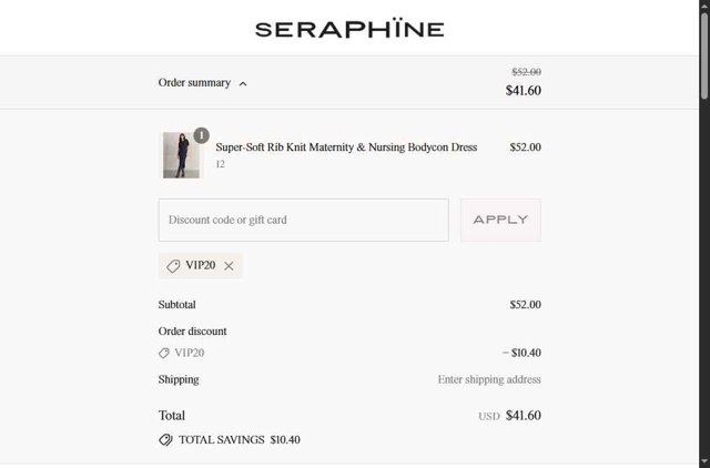 Seraphine checkout page showing Seraphine discount code box | Screenshot taken by SimplyCodes community member on Jul 1, 2025