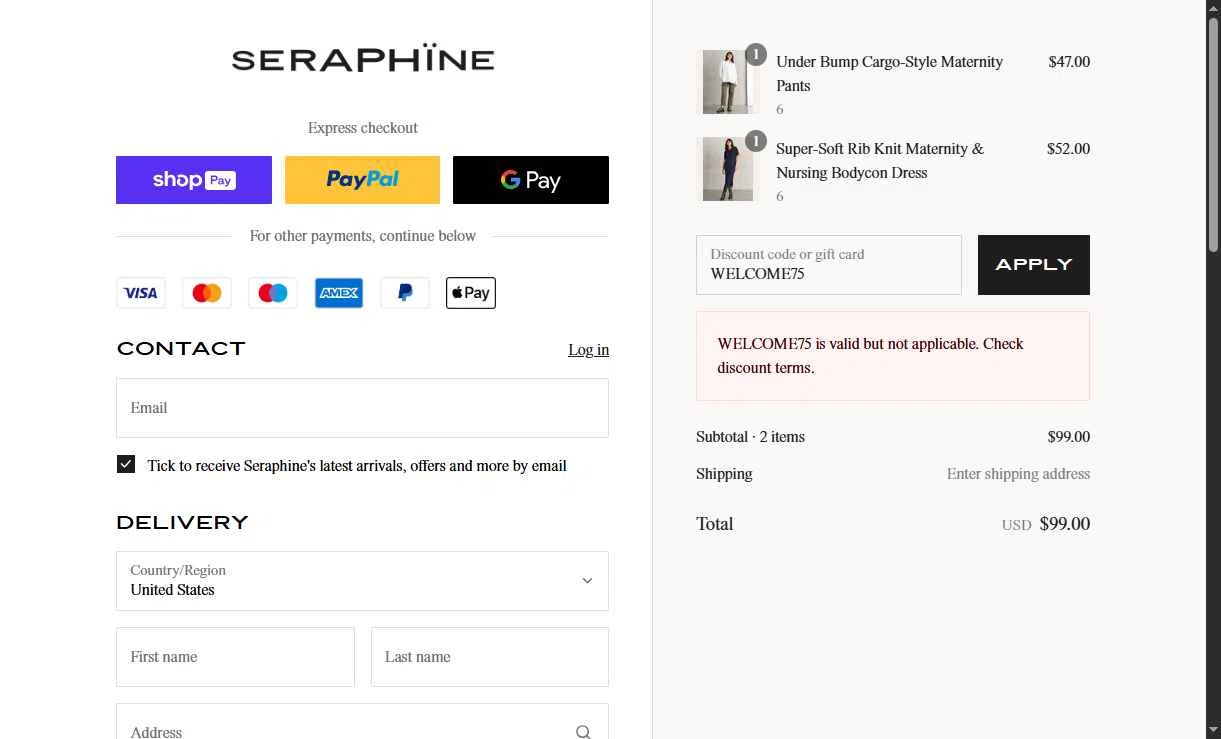 Seraphine checkout page showing Seraphine discount code box | Screenshot taken by SimplyCodes community member on Jul 4, 2025