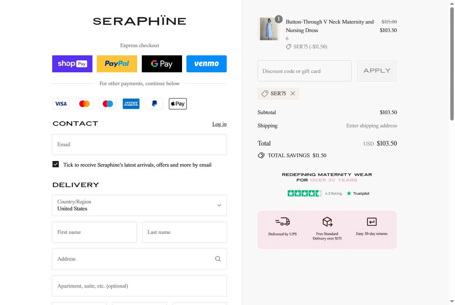 Seraphine checkout page showing Seraphine discount code box | Screenshot taken by SimplyCodes community member on Jul 4, 2025