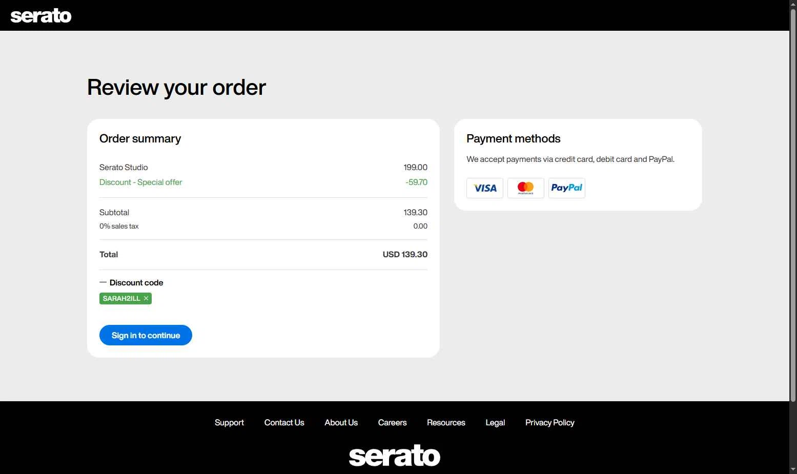 Serato checkout page showing Serato coupon code box | Screenshot taken by SimplyCodes community member on Jan 10, 2026