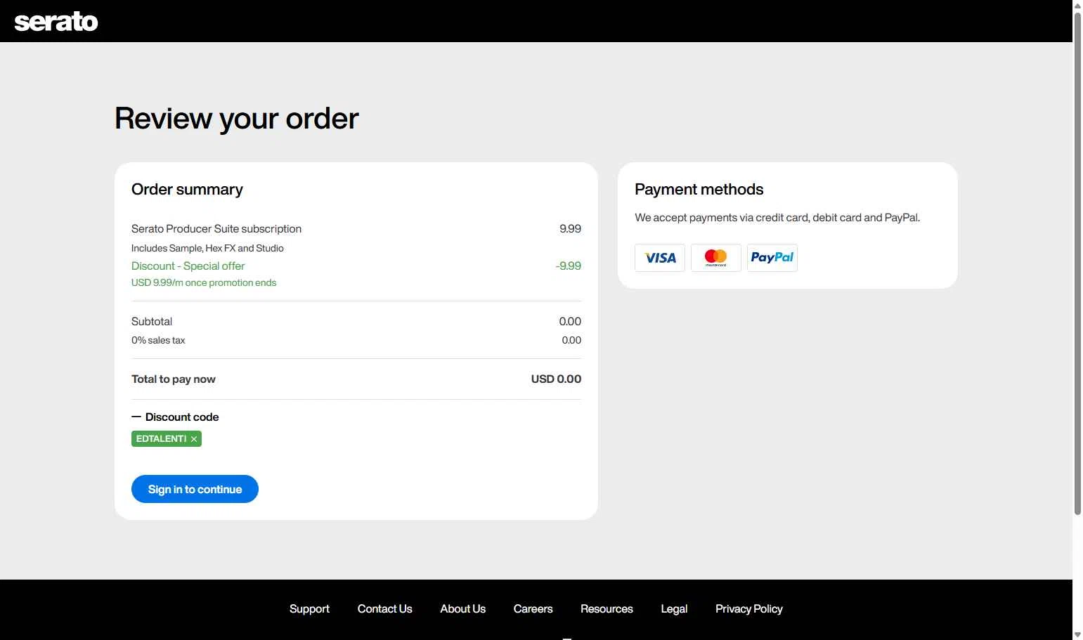 Serato checkout page showing Serato coupon code box | Screenshot taken by SimplyCodes community member on Dec 26, 2025