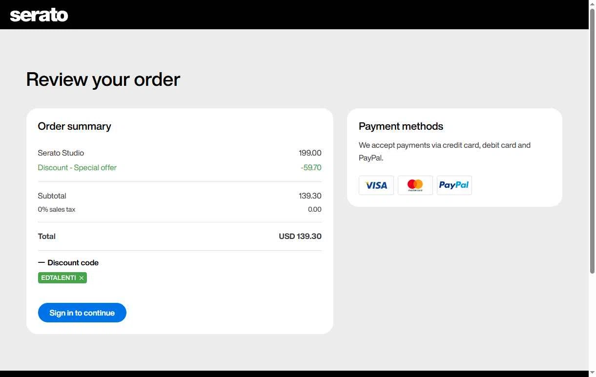 Serato checkout page showing Serato coupon code box | Screenshot taken by SimplyCodes community member on Dec 29, 2025