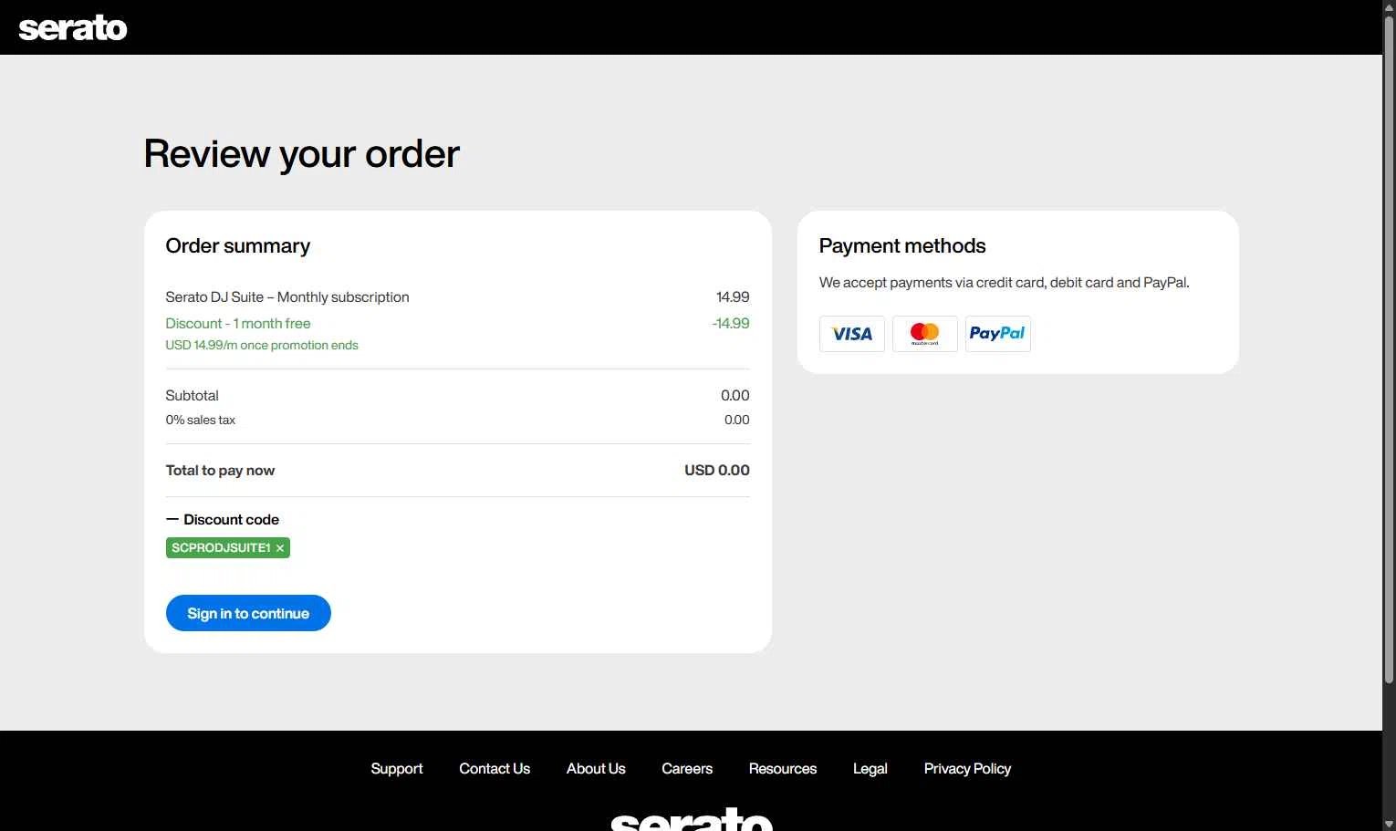 Serato checkout page showing Serato coupon code box | Screenshot taken by SimplyCodes community member on Jan 10, 2026