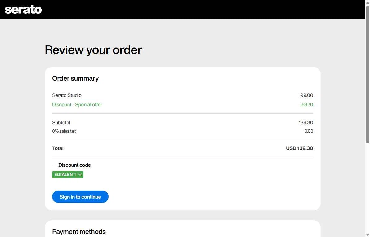 Serato checkout page showing Serato coupon code box | Screenshot taken by SimplyCodes community member on Jan 7, 2026