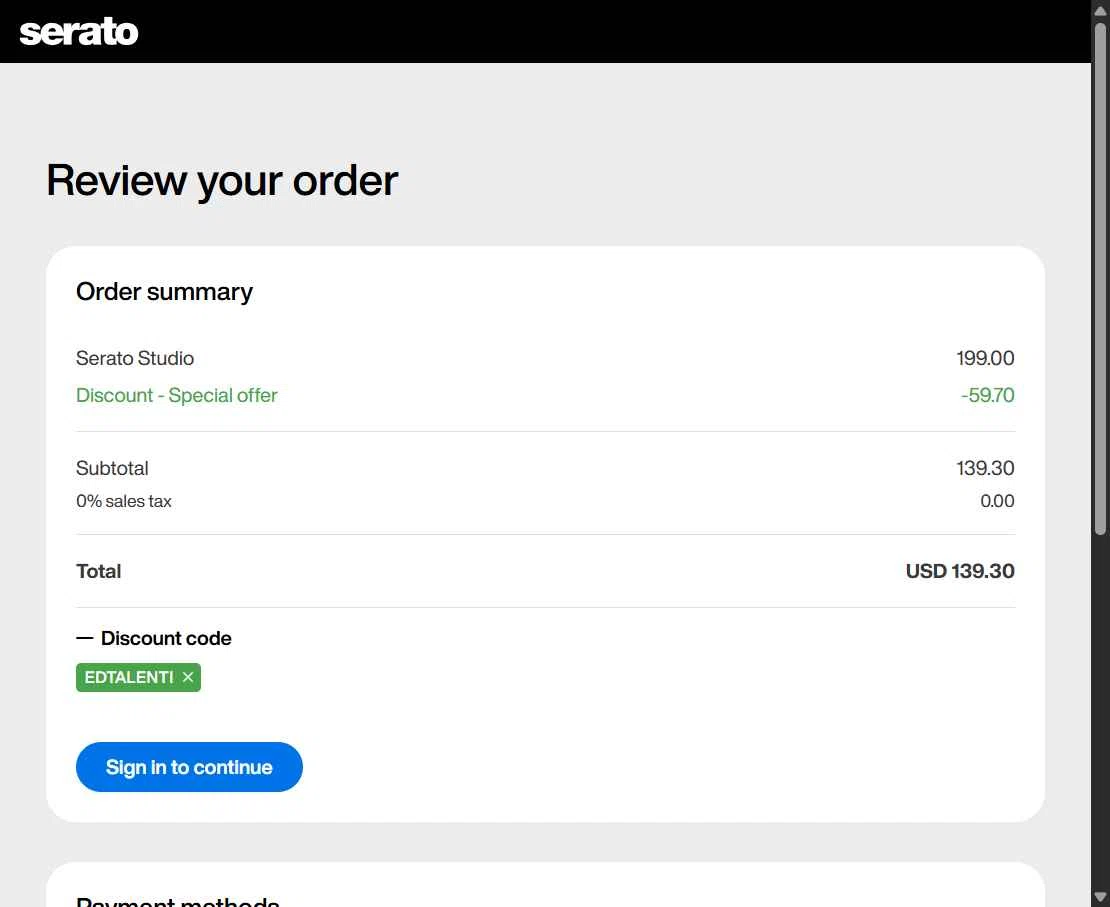 Serato checkout page showing Serato coupon code box | Screenshot taken by SimplyCodes community member on Dec 6, 2025