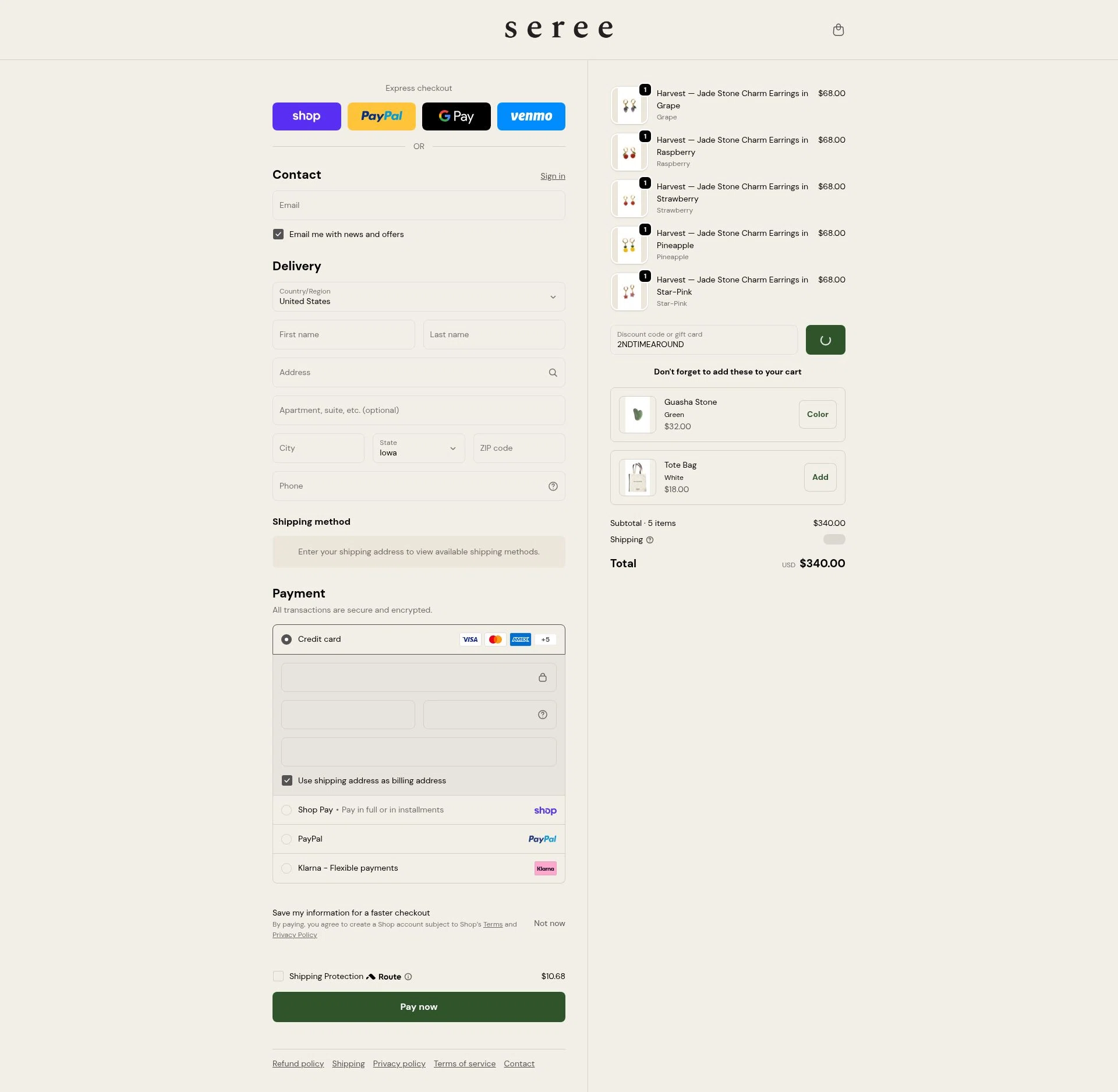 seree checkout page showing seree discount code box | Screenshot taken by SimplyCodes community member on Feb 17, 2026