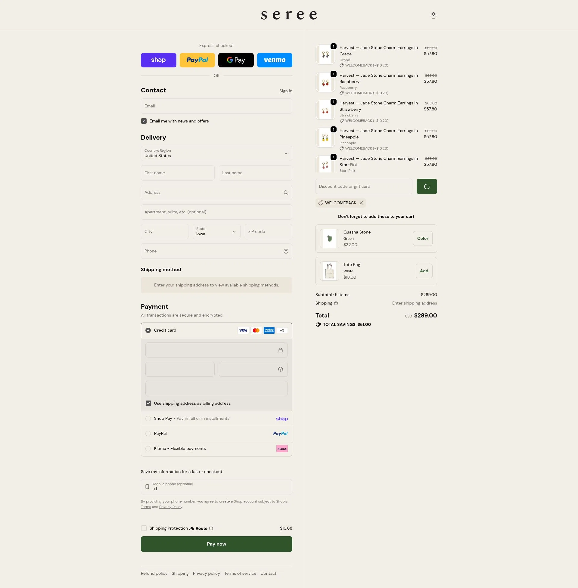 seree checkout page showing seree discount code box | Screenshot taken by SimplyCodes community member on Feb 13, 2026