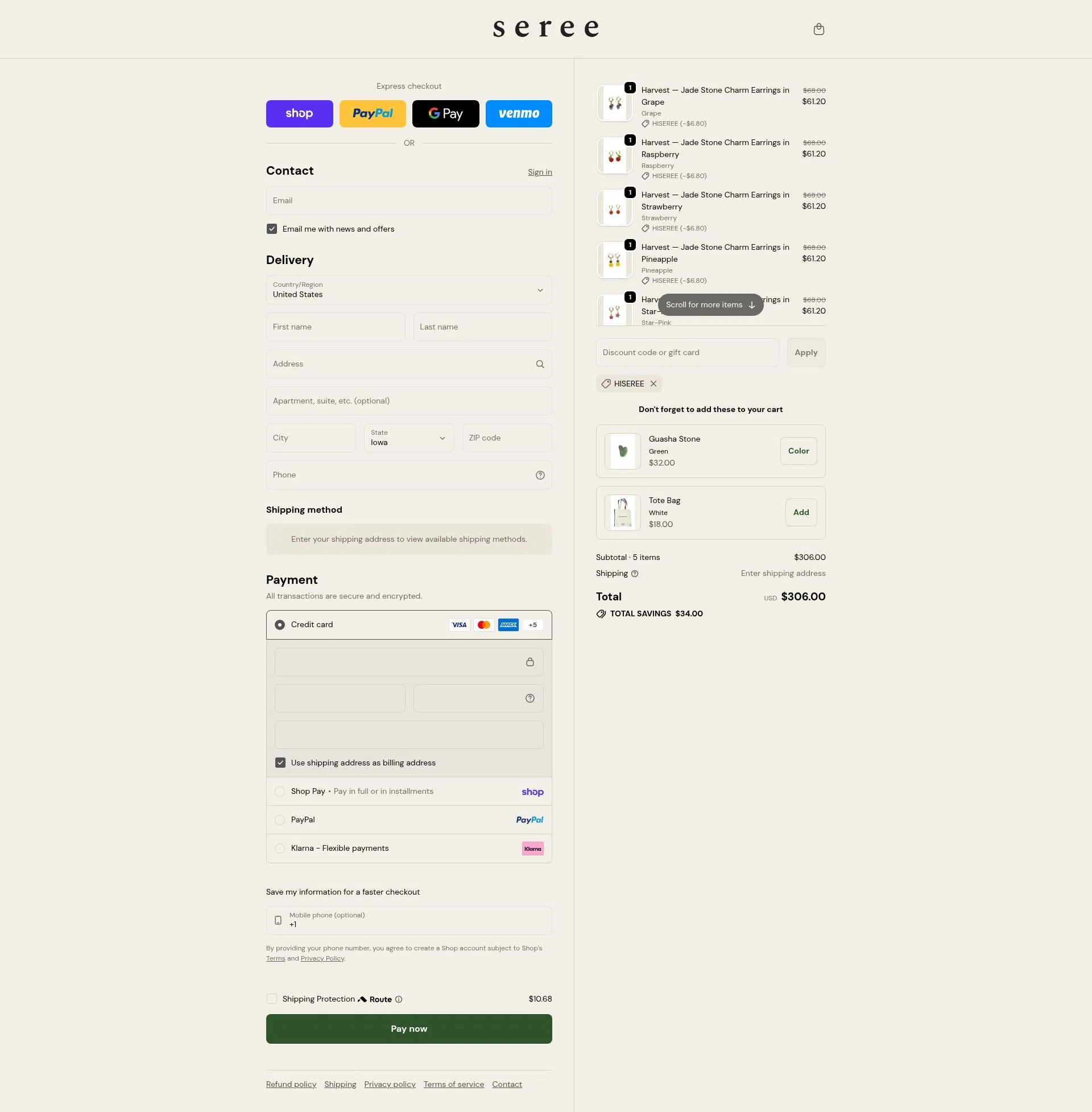 seree checkout page showing seree discount code box | Screenshot taken by SimplyCodes community member on Feb 13, 2026
