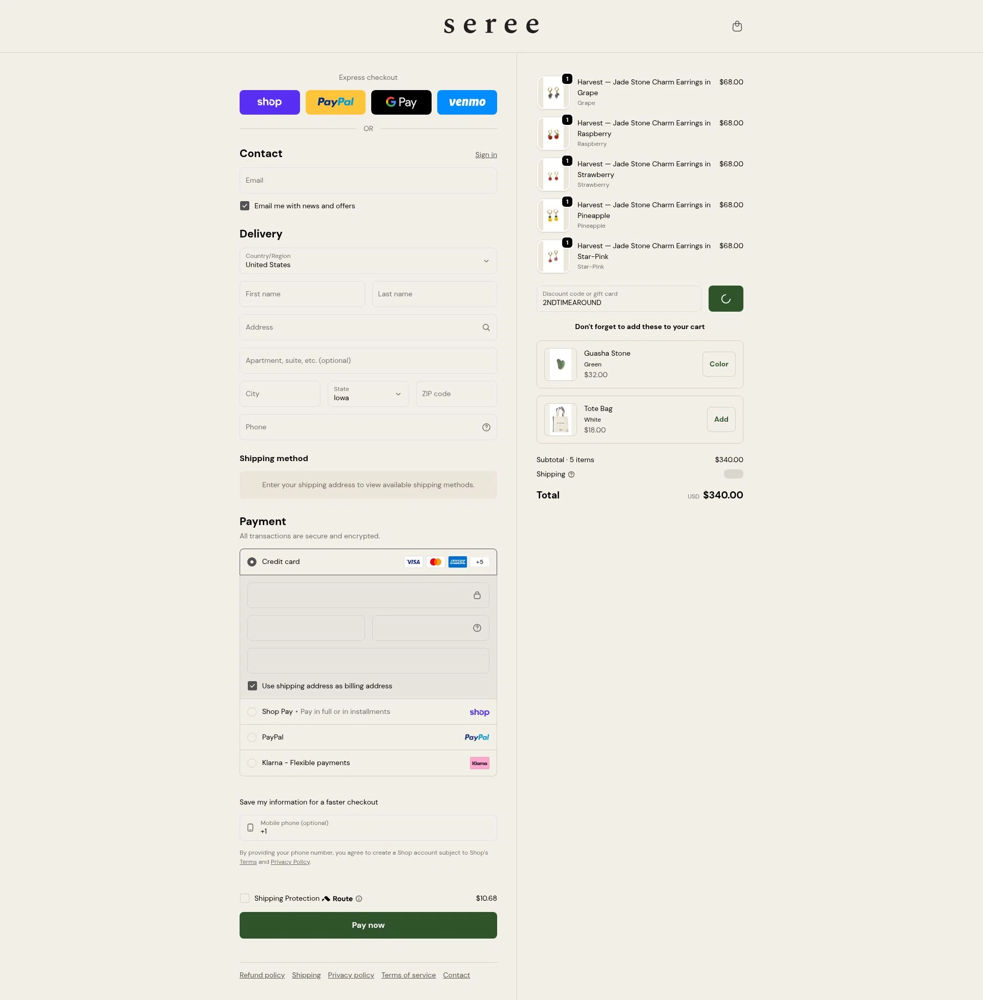 seree checkout page showing seree discount code box | Screenshot taken by SimplyCodes community member on Feb 13, 2026