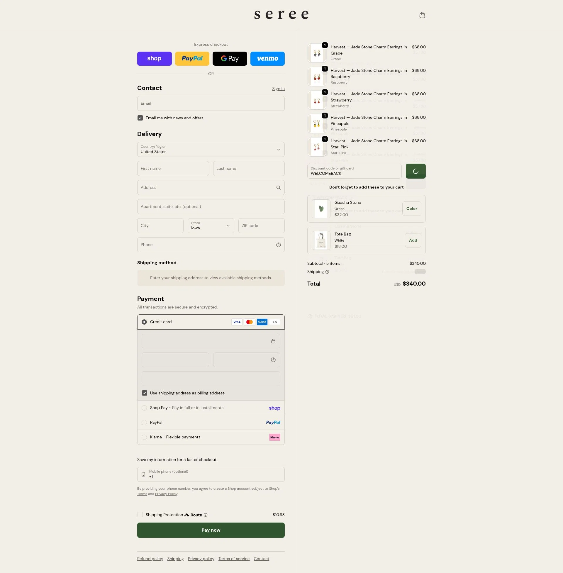seree checkout page showing seree discount code box | Screenshot taken by SimplyCodes community member on Feb 9, 2026