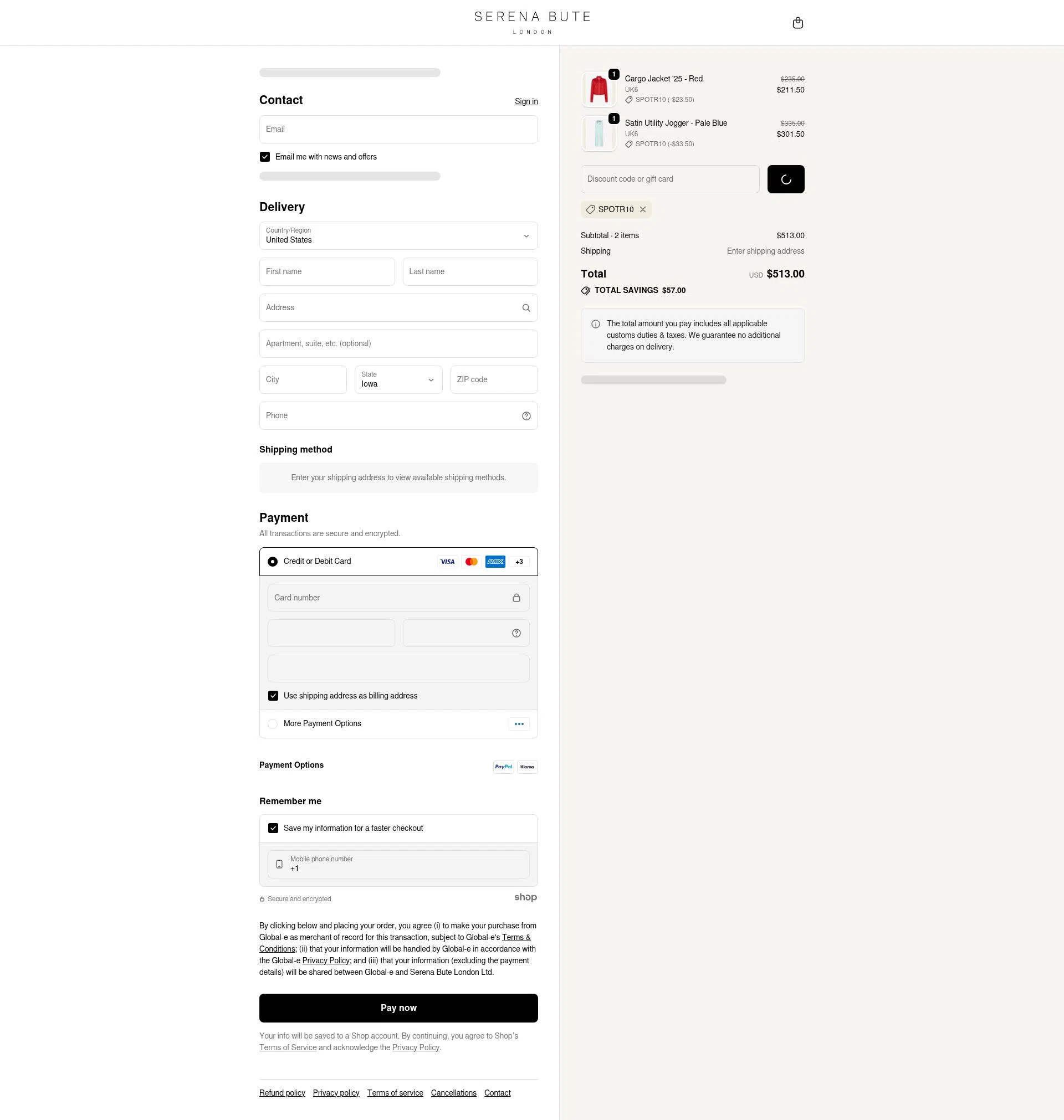 Serena Bute London checkout page showing Serena Bute London promo code box | Screenshot taken by SimplyCodes community member on Dec 23, 2025